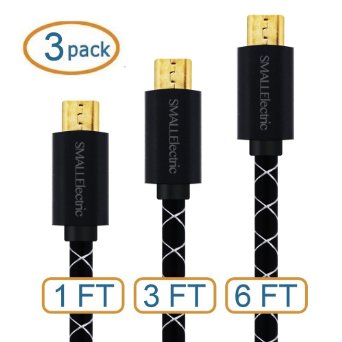 Smallelectric 3-pack Aluminum Alloy Micro USB Cables in Assorted Lengths 3ft 6ft 1ft Gold-plated High Speed USB 20 a Male to Micro B Sync and Charge Cables Black
