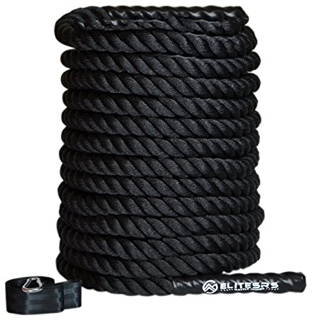 Premium Battle Rope Kit - EliteSRS Fitness - Anchor Strap, Long Grip-Right Handles & Sleeve Protector - Poly/Dacron 30ft/40ft/50ft Heavy Workout Rope - Won't Shed - Strength and Conditioning