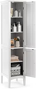 COSTWAY Tall Bathroom Storage Cabinet, 5-Tier Freestanding Linen Tower Cabinet with 2 Doors, Wooden Side Storage Organizer, Narrow Slim Floor Cabinet for Bathroom, Living Room, Kitchen (White)