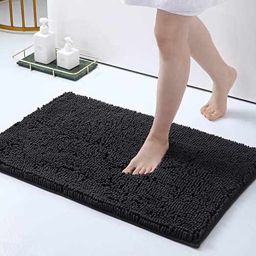 Olanly Luxury Chenille Bathroom Rugs, Bath Shower Mat Machine Wash Dry, Non Slip Absorbent Shaggy Bath Rug for Tub, Shower and Bath Room 20" x 32", Black