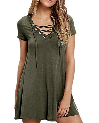 ZANZEA Women's V Neck Lace Up Solid Short Sleeve A-Line Swing Mini Dress Casual