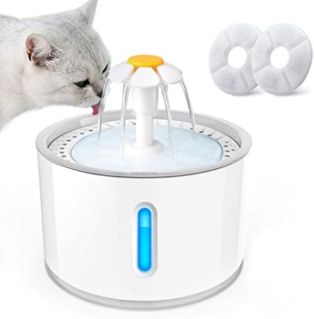 Cat Water Fountain, 2.4L Cat Fountain with LED Night Vision Water Level Window, Pet Fountain with DC Silent Pump for Dog & Cat Drinking- Pet Water Fountain with 2PCS Cat Fountain Filter