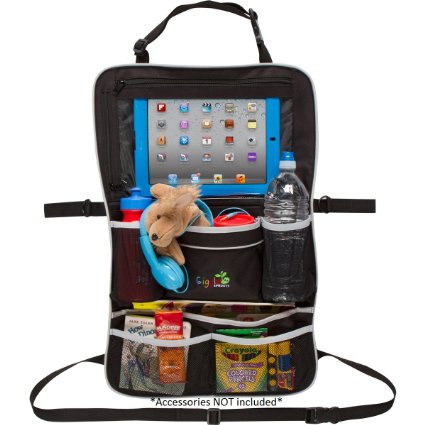 Rugged Universal Backseat Car Organizer | Includes iPad Holder & Large Drink Pockets | For Diapers, Bottles, Toys & More! | Multipurpose Baby Stroller Organizer & Seat Back Protector
