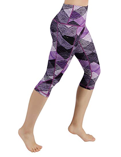 ODODOS High Waist Out Pocket Printed Yoga Capris Pants Tummy Control Workout Running 4 Way Stretch Yoga Capris Leggings