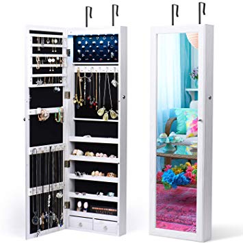 Titan Mall Jewelry Organizer 6 LEDs Jewelry Cabinet with Mirror Lockable Wall Door Mounted Jewelry Armoire Organizer with Full Length Mirror (White)