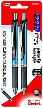 Pentel EnerGel Retractable Liquid Gel Roller, 0.5mm Fine Needle Point, 2 Pack, Black Ink