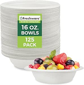 Freshware Paper Bowls - Disposable 16 oz. Soup Bowl, 125-Pack Biodegradable Sugarcane Fiber Serving Bowls - Heavy Duty Bagasse for Hot Food Plates - Microwave & Freezer Safe, Stackable Dinnerware