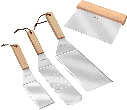 Skyflame Griddle Spatula Tools Set, 4pcs Premium Stainless Steel BBQ Grill Tools with Spatula, Scraper, Flat Top Grill Accessories Kit with Wooden Handle for Blackstone and Indoor Outdoor BBQ Cooking