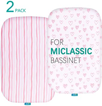 Bassinet Fitted Sheets Compatible with MiClassic 2in1 Stationary&Rock Bassinet, (2 Pack), 100% Jersey Knit Cotton Fitted Sheets, Mild Pink Stripes and Hearts Print for Baby Girls