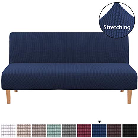 H.VERSAILTEX Armless Futon Cover Stretch Sofa Bed Slipcover Protector Elastic Feature Rich Textured Lycra High Spandex Small Checks Jacquard Fabric Sofa Shield Futon Cover, Navy