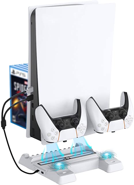 NexiGo Upgraded Vertical Stand with Cooling Station for PS5 Disc & Digital Editions, Dual Controllers Charger, Extra USB Ports, 3 Levels Adjustable Fans Speed, 11 Game Rack Organizer, White