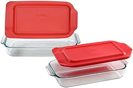 Pyrex Basics Clear Glass Baking Dishes, 1 (3 Quart) Oblong Dish and 1 (2 Quart) Oblong Dish with Red Plastic Lids