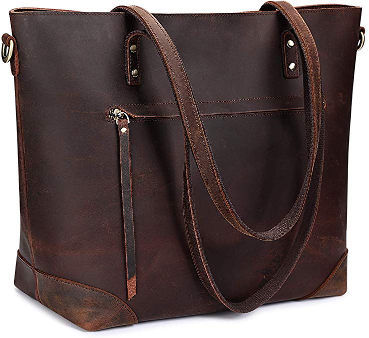 S-ZONE Vintage Genuine Leather Shoulder Laptop Bag Work Totes for Women Purse Handbag with Back Zipper Pocket