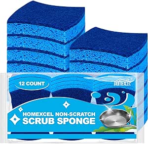 HOMEXCEL Scrub Kitchen Sponges 12 Pack, Non-Scratch Dish Sponges for Cleaning, Dual Sided Dish Sponge for Washing Dishes, Cellulose Sponges Safe on Non-Stick Cookware, Household, Bathroom and More