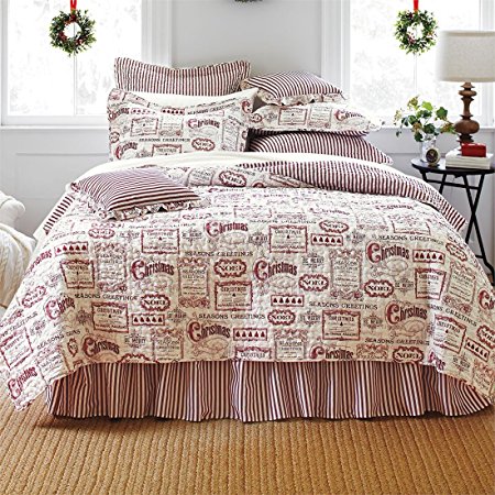 Brylanehome 4-Pc. Vintage Christmas Quilt Set (Ivory Red,King)