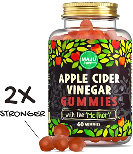 MAJU Apple Cider Vinegar Gummies with Mother, 2x Stronger (1000 mg), Unfiltered ACV, Gluten-Free, Chewable, Low Sugar Content