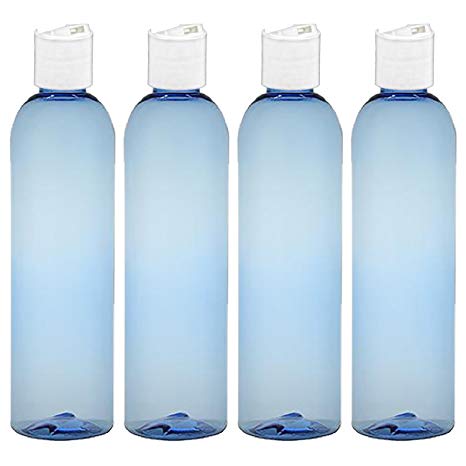 MoYo Natural Labs 8 oz Travel Bottles, Empty Travel Containers with Disc Caps, BPA Free PET Plastic Squeezable Toiletry/Cosmetic Bottles (Pack of 4, Light Blue)