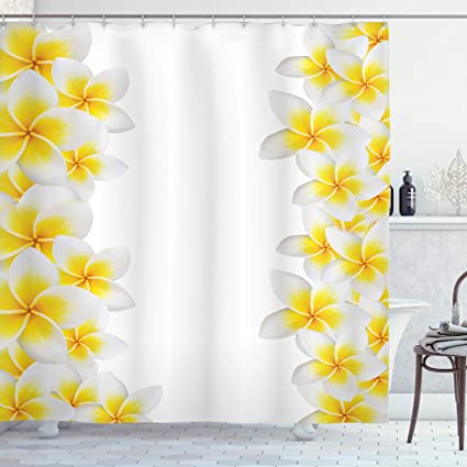 Ambesonne Hawaiian Shower Curtain, Frangipani Blossoms Exotic Nature Garden Plumeria Flower Frame Relaxation Theme, Cloth Fabric Bathroom Decor Set with Hooks, 70" Long, Yellow