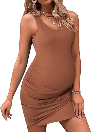 Ekouaer Womens Summer Maternity Dress Side Ruching Sleeveless Bodycon Dress Cute Pregnancy Dress S-XXL