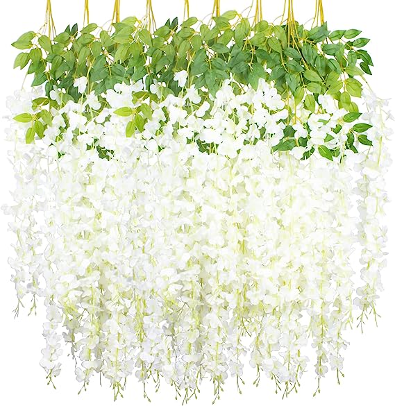 12 Pack Artificial Flowers Silk Wisteria Vine Ratta Hanging Flower (White)