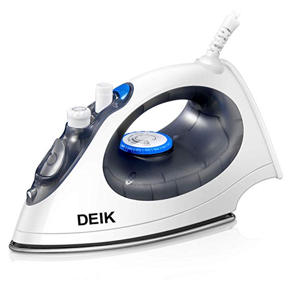 Deik 1500W Steam Iron, Anti-Drip Non-Stick Stainless Steel Soleplate Iron, Anti-Calcium, Vertical Steam, Self-Cleaning Irons with Variable Temperature and Steam Control - White/Blue