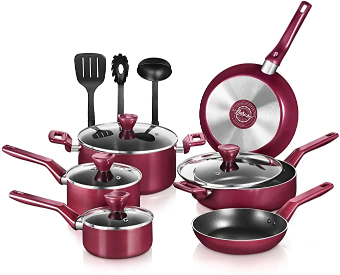 NutriChef Kitchenware Pots & Pans-Stylish Kitchen Cookware, Non-Stick (13-Piece Set), One size, Red