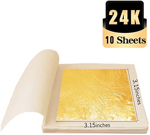 KINNO 24K Edible Gold Leaf Foil Sheets, 10 Sheets 3.15" x 3.15" Real Golden Paper for Bakery, Makeup, Art Craft Decoration