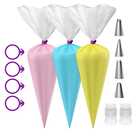 Ouddy 100 Pack 16 Inch Pastry Bag Disposable Cake Decorating Bags Cupcake Icing Piping Bag with 4 Piping Tips 2 Couplers 4 Icing Bag Ties for all Sized Tips and Baking Supplies Kits