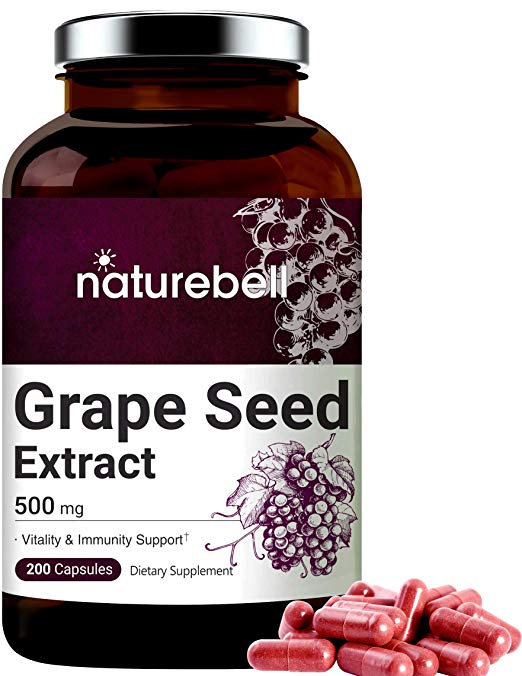 NatureBell Grape Seed Extract 500mg, 200 Capsules, Natural Antioxidant for Heart, Skin, Nails and Vascular System, No GMOs and Made in USA