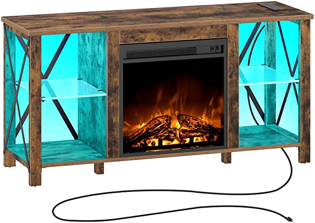 Rolanstar Fireplace TV Stand 47" with Led Lights and Power Outlets, Entertainment Center with Adjustable Glass Shelves, TV Console for TVs up to 65", Rustic Brown