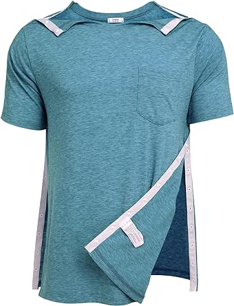 Deyeek Men's Post Shoulder Surgery Shirts Recovery Tear Away Short Sleeve Full Open Side Snap Dialysis Chemo Clothing