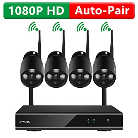 [1080P HD Auto-Pair Wireless] ONWOTE Outdoor Wireless Home Security Camera System 1080P with 4 Night Vision 2.0 MP WiFi IP Surveillance Cameras and no Hard Drive