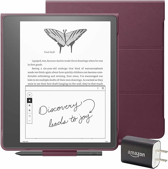 Kindle Scribe Everything Bundle including Kindle Scribe (16 GB), Basic Pen, Leather Folio Cover with Magnetic Attach - Burgundy, Power Adapter, and Pen Replacement Tips