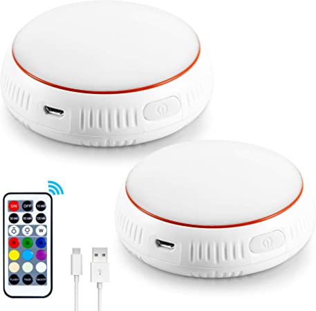 RGB Puck Lights with Remote - GONOTO 3W RGB and 4000k White 20 Colors Changing Puck Lights Rechargeable 1500mAh Battery Operated Closet Light Wireless Under Cabinet Light with Dimmer & Timing 2 Pack