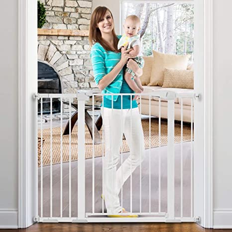 KingSo 48.8" W x 36" H Baby Gate Extra Tall Wide Large Dog Gate Auto Close Safety Gate Durable Walk Thru Child Gate for Stairs Doorways. Include 4 Pressure Bolts, 2.75", 5.5" & 8.25" Extension, White