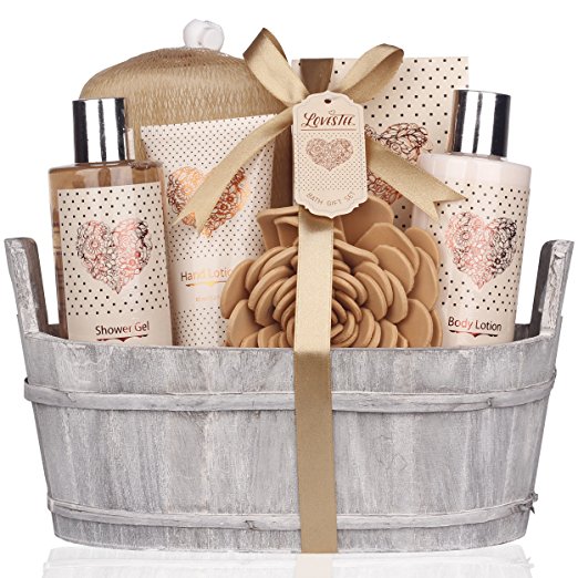 Spa Gift Basket – Bath and Body Set with Vanilla Fragrance by Lovestee - Bath Gift Basket Includes Shower Gel, Body Lotion, Hand Lotion, Bath Salt, Eva Sponge and a Bath Puff -Christmas Gifts