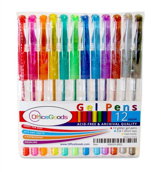 Glitter Gel Pens by OfficeGoods - 12 Premium Multicolor Pens for Kids of All Ages - Arts & Crafts, Great for Adult Coloring Books - Smooth Flowing Ink, Fast Drying, Acid Free & Non-Toxic