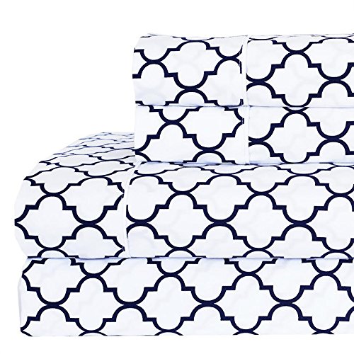 Queen size- White/Navy Printed Meridian 100% Cotton Percale 4pc Sheet set- Modern Reactive Print