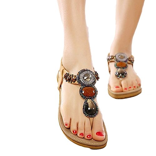 Fullkang Women Fashion Bohemian Sweet Beaded Clip Toe Flats Herringbone Sandals