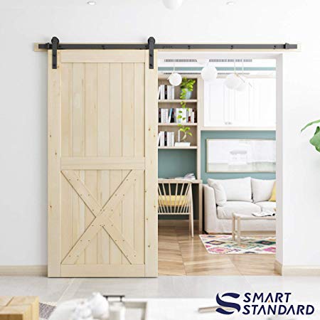 SmartStandard 42in x 84in Sliding Barn Wood Door Pre-Drilled Ready to Assemble, DIY Unfinished Solid Cypress Wood Panelled Slab, Interior Single Door Only, Natural, Single X-Frame (Fit 8FT Rail)