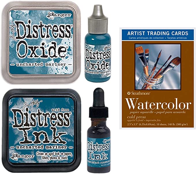 Tim Holtz Ranger Distress Uncharted Mariner, June 2022 Release, Distress Ink Pad/Reinker, Oxide Ink Pad/Reinker, Package of Strathmore Watercolor Artist (ATC) Trading Cards