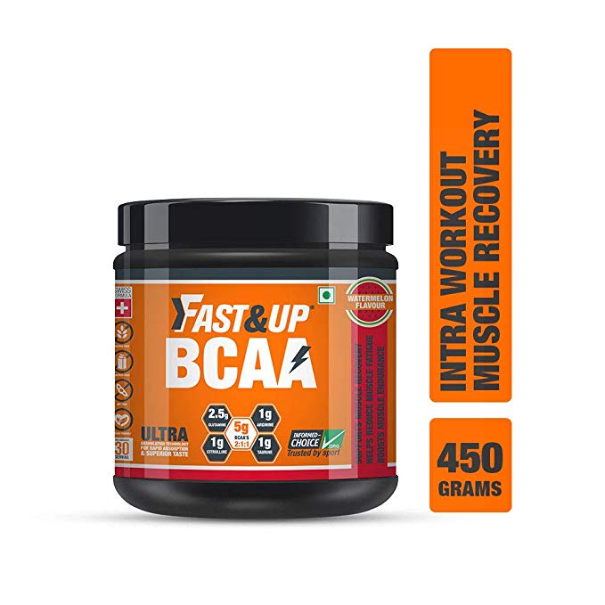 Fast&Up BCAA 2:1:1 for Pre/Intra/Post Workout with Arginine, Glutamine and Muscle Activation Boosters - 450 gms - Watermelon Flavour