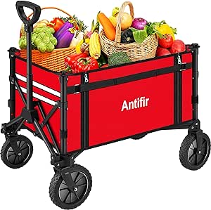 Collapsible Wagon with Large Capacity, Utility Wagons Carts Heavy Duty Foldable, Portable Folding Wagon with All-Terrain Wheels for Grocery Gardening Sports Shopping Fishing（Red）