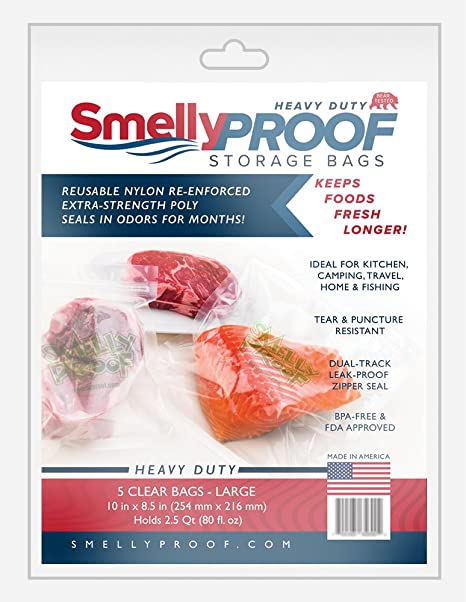 SMELLY PROOF - The Original No-Odor Heavy-Duty Storage Baggies - Clear - Reusable - Made in the USA (LARGE - 10"x8.5" - 5 Pack, Clear)