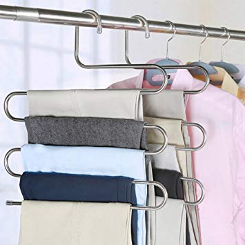 everso 2pcs Pants Hangers S-type 5 layers Stainless Steel Trousers Rack Space Saving