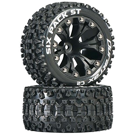 Duratrax DTXC3562 Six Pack RC Staduim Truck Tires with Foam Inserts, C2 Soft Compound, ST 2.8" Mounted on 1/2" Offset Black Wheels (2 Tires)