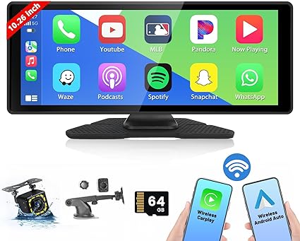 Hikity 10.26 Inch Portable Wireless Apple Carplay Car Screen, Car Play Touchscreen Car Radio with Backup Camera GPS Navigation Bluetooth FM Transmitter 64G TF