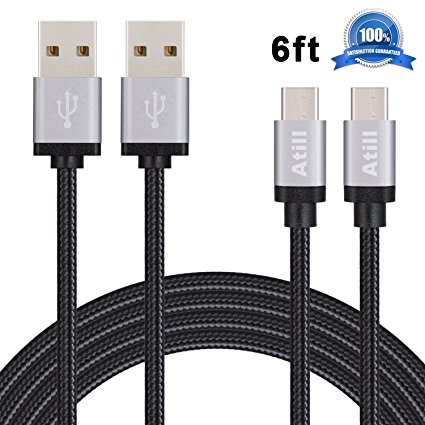 Atill Type C Cable 2 Pack 6ft USB 2.0 Nylon Braided Charging Cord for Google Pixel/Pixel XL, OnePlus 2/3, new MacBook, Lumia 950/950xl, Nexus 5x/6p, ChromeBook Pixel, Nokia N1- Black