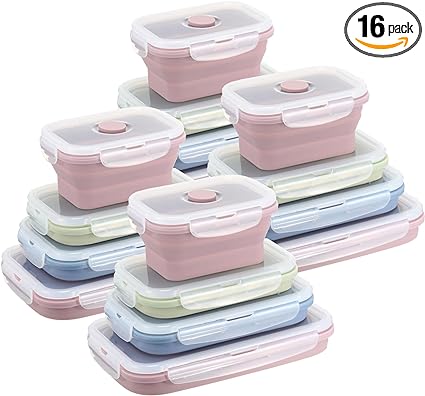 Nuanchu 4 Sets 16 Pcs Silicone Food Storage Containers with Lids Collapsible Meal Prep Container Silicone Food Box Microwave Lunch Containers Leftover Meal Box (Green, Light Blue, Pink)