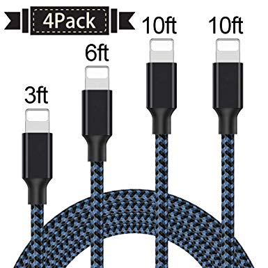 Lightning Cable, Iseason iPhone Charger Cables 4Pack 3FT 6FT 2×10FT to USB Syncing Data and Nylon Braided Cord Charger for iPhone X/8/8Plus/7/7Plus/6/6Plus/6s/6sPlus/5/5s/5c/SE and More {BlackBlue}